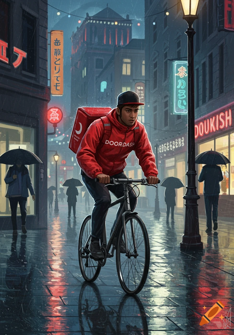 A man in a red DoorDash jacket cycles through a rainy city street at night, with neon signs illuminating the wet pavement.