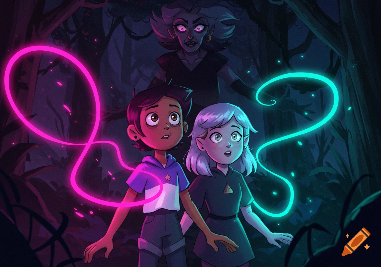 Luz and Amity look startled by glowing magical lights in a dark forest, with Odalia looming menacingly behind them in a cartoon style.