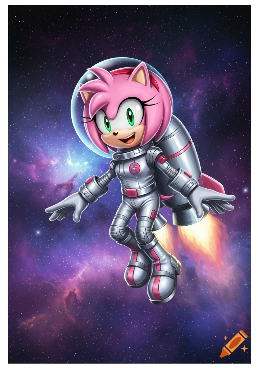 Cartoon illustration of Amy Rose from Sonic, in a silver and pink spacesuit with a rocket pack, flying through a starry space nebula.