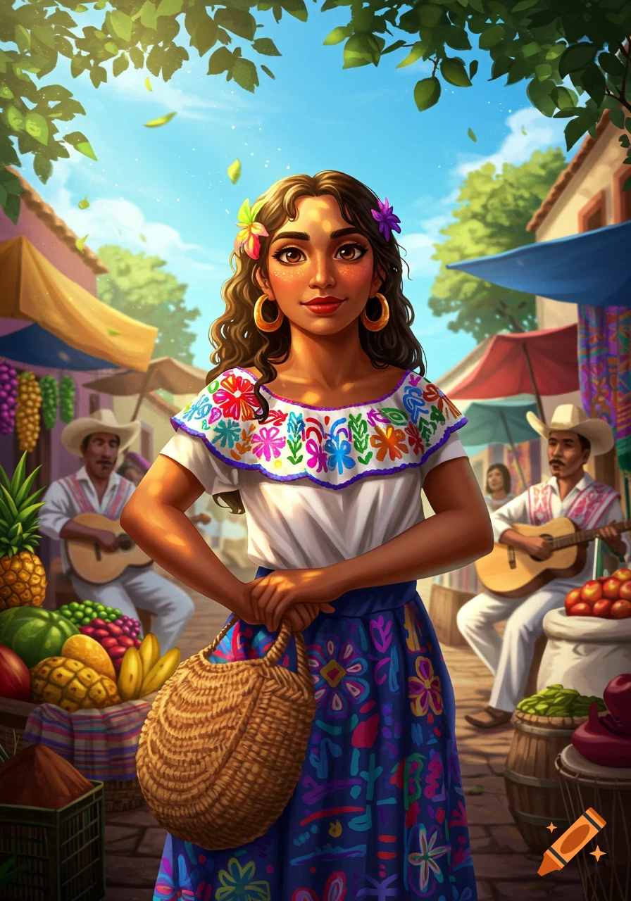Colorful illustration of a Latina woman in traditional attire holding a woven bag at a vibrant outdoor market with musicians.