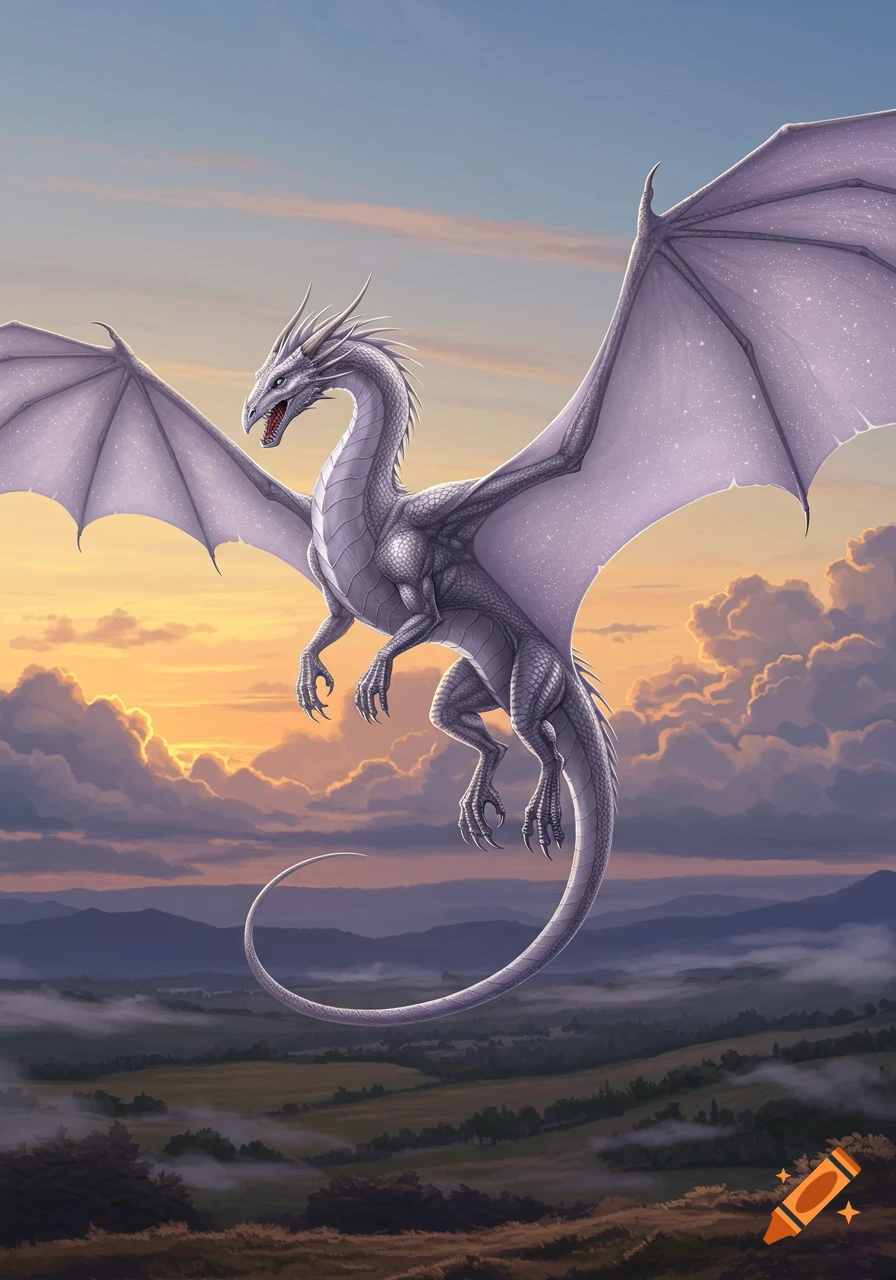 A majestic silver dragon with large, sparkling wings flies over a misty, green landscape and mountains at sunset.