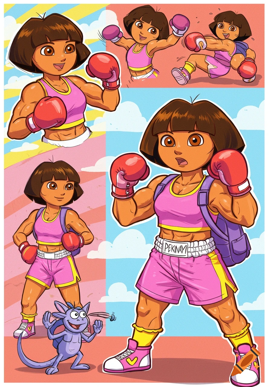 Cartoon model sheet of a muscular Dora the Explorer in pink boxing gear and a purple backpack, posing with boxing gloves.