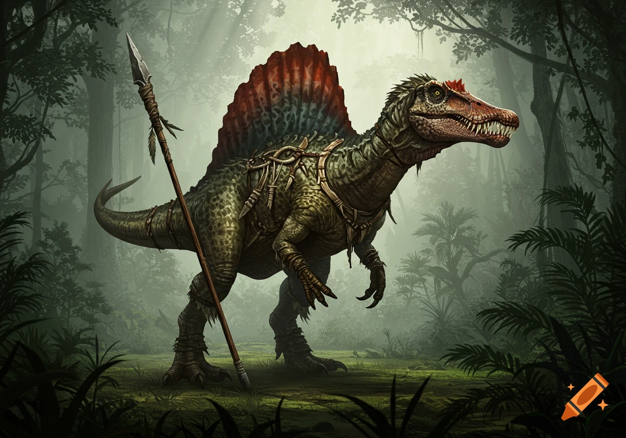 A detailed illustration of a barbarian spinosaurus with a spear, standing in a misty, lush jungle.