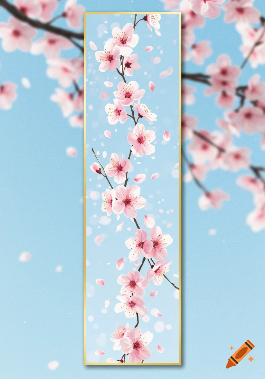 Stylized illustration of pink cherry blossoms on a branch in a gold-framed vertical panel, against a soft blue sky.