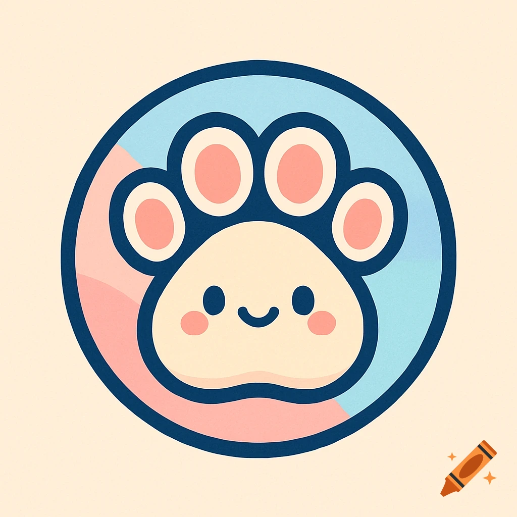 Cute cartoon paw print logo with a smiling face, in a pink and blue circular frame.