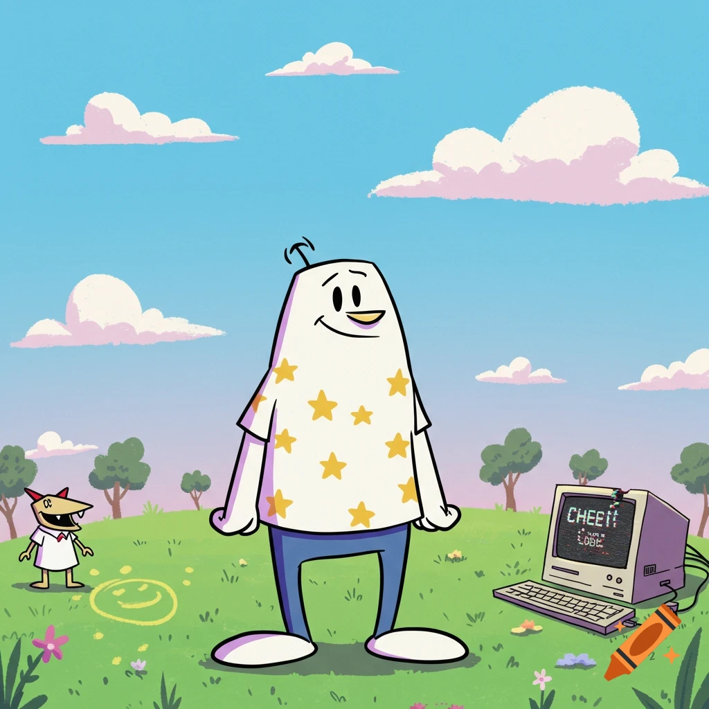 Cartoon of Homestar Runner, Strong Bad, and a computer displaying 'CHEET' in a vibrant grassy field.