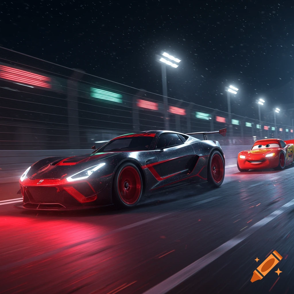 A black and red sports car races alongside Lightning McQueen on a brightly lit asphalt track at night.