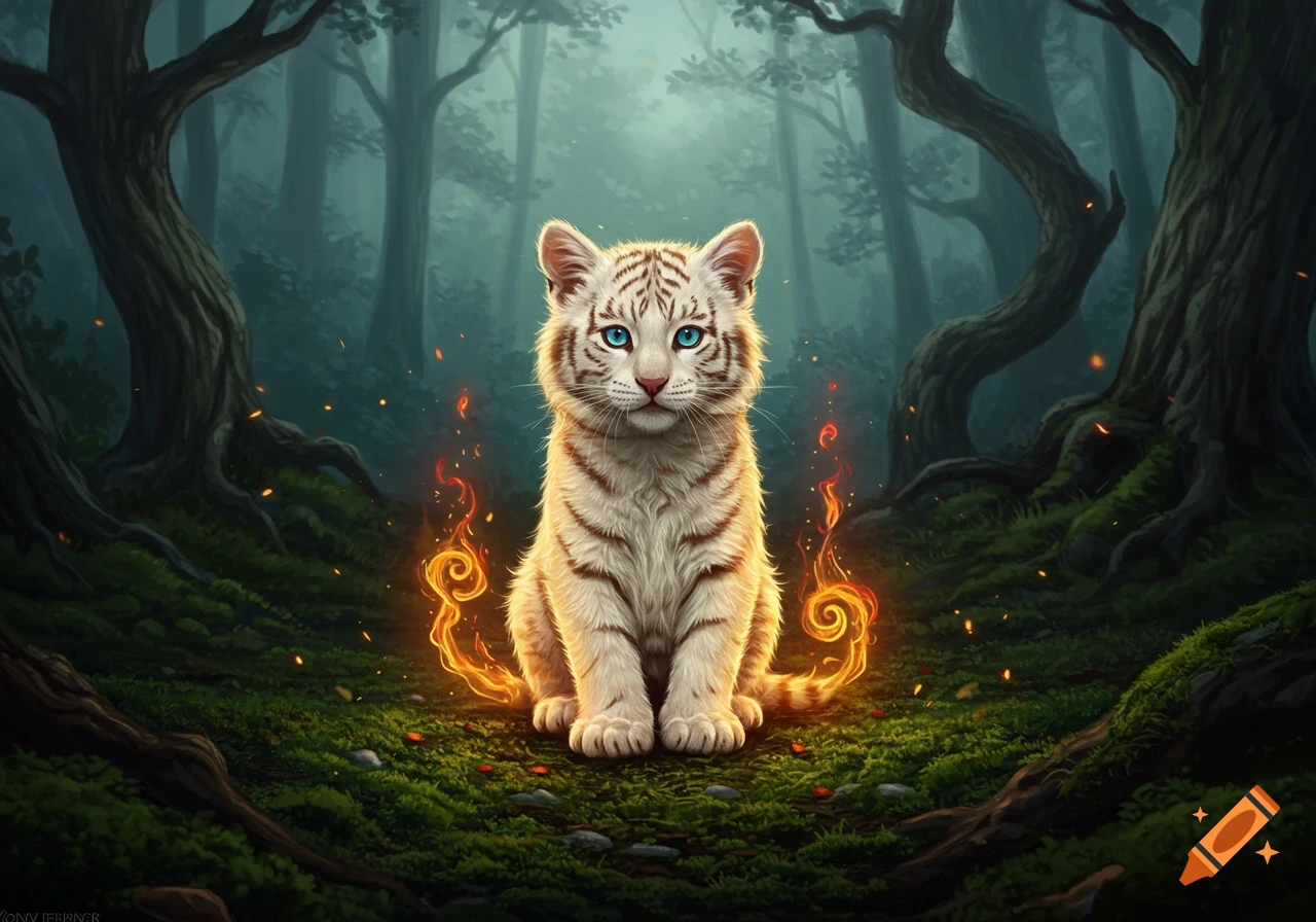 Fantasy art of a white tiger kitten with glowing blue eyes, sitting in a dark, mossy forest, surrounded by magical swirling flames.