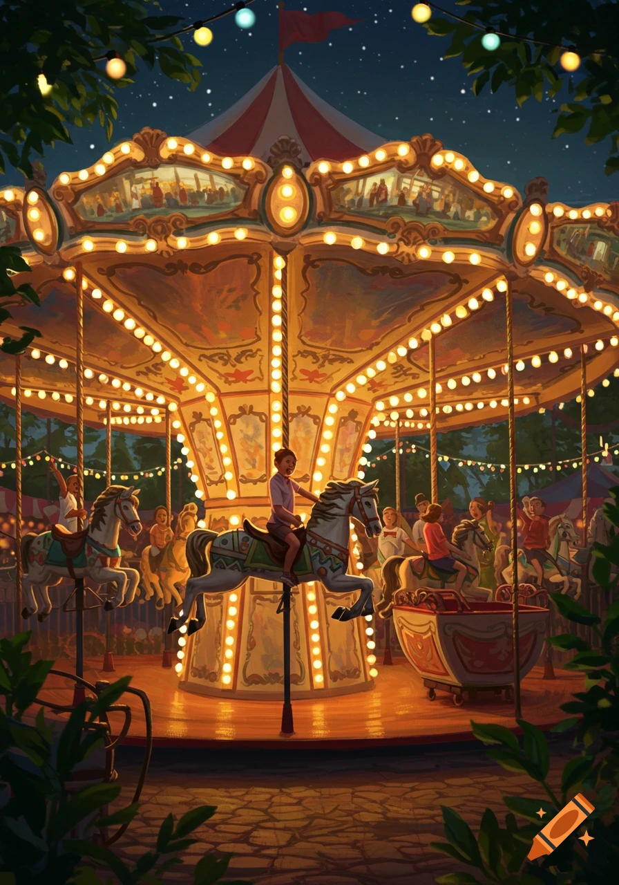 Illustrated night scene of children riding a brightly lit carousel at a carnival.