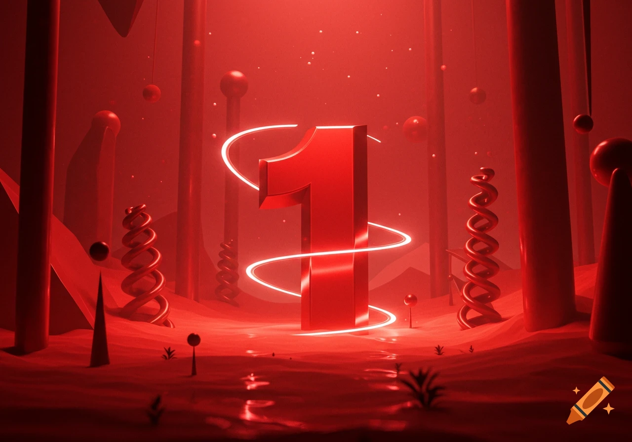 A large, metallic red number 1, encircled by glowing white light, stands in a surreal, monochromatic red abstract landscape.
