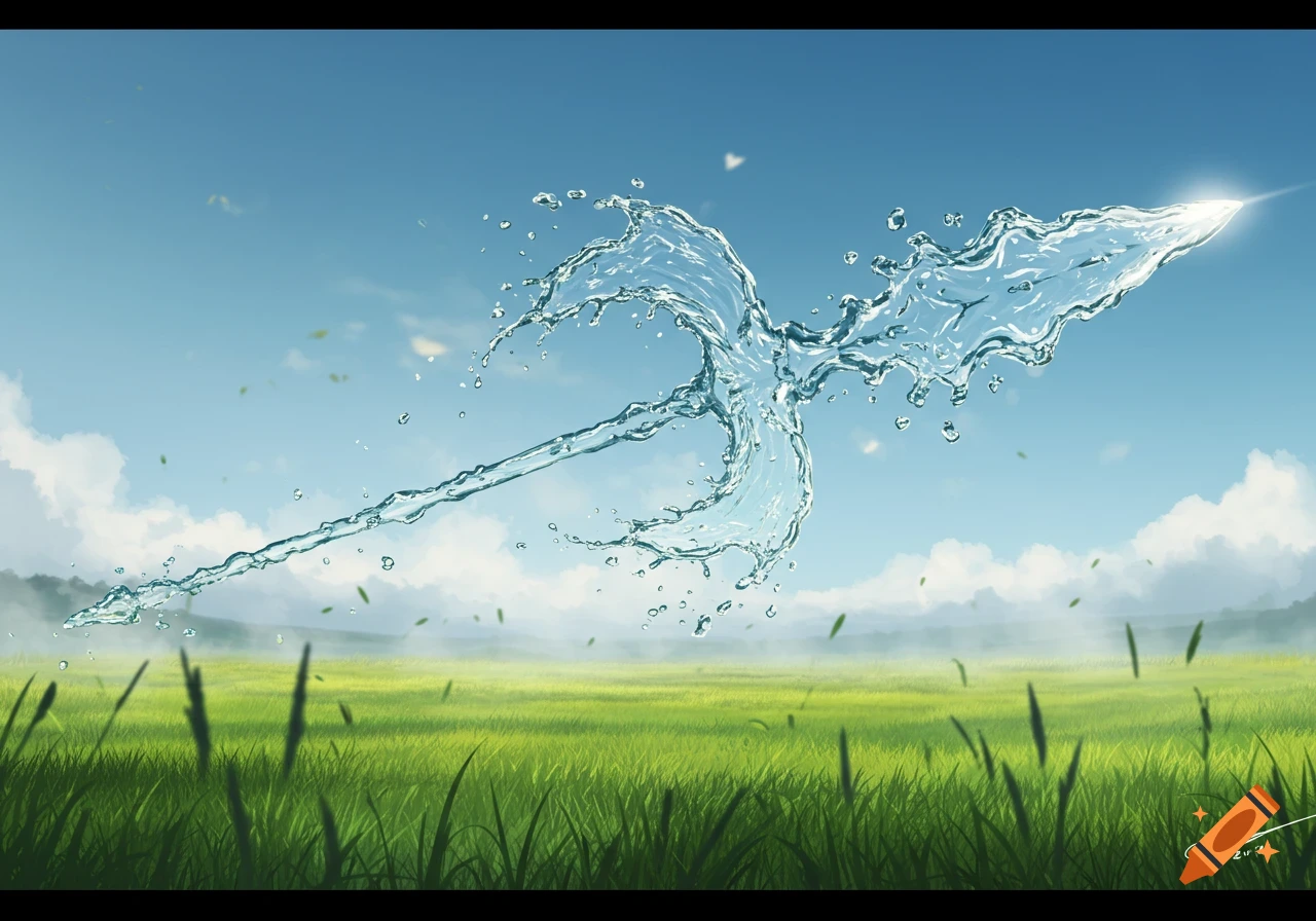 A spear made of splashing water flies through a bright blue sky over a vibrant green field.