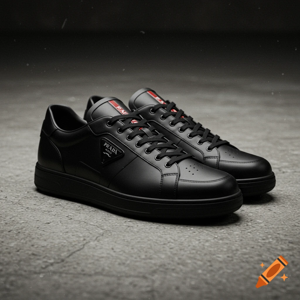 A pair of black leather Prada sneakers with black laces, on a grainy concrete surface under dark lighting.
