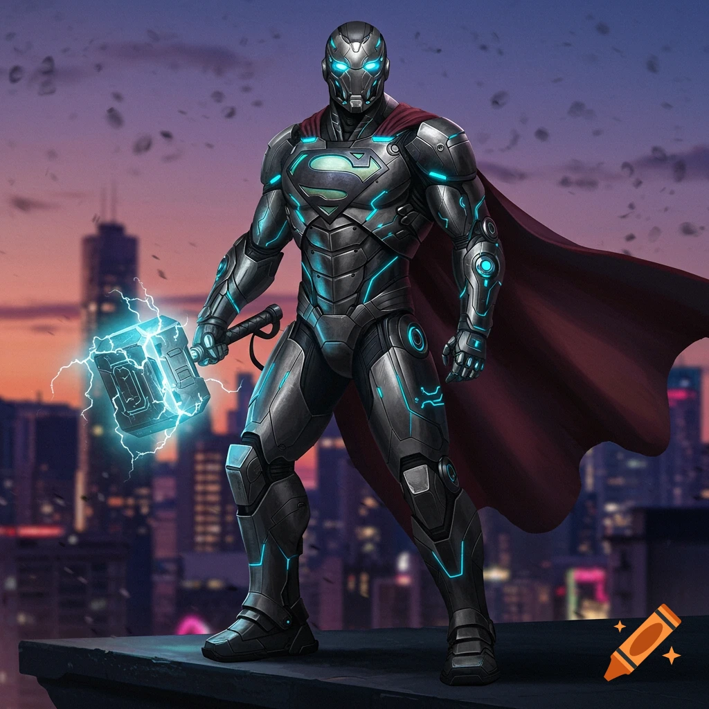 A cyborg superhero with glowing blue eyes, a grey metal suit, a red cape, and a Superman symbol on the chest, holds a glowing hammer on a rooftop overlooking a city at dusk.