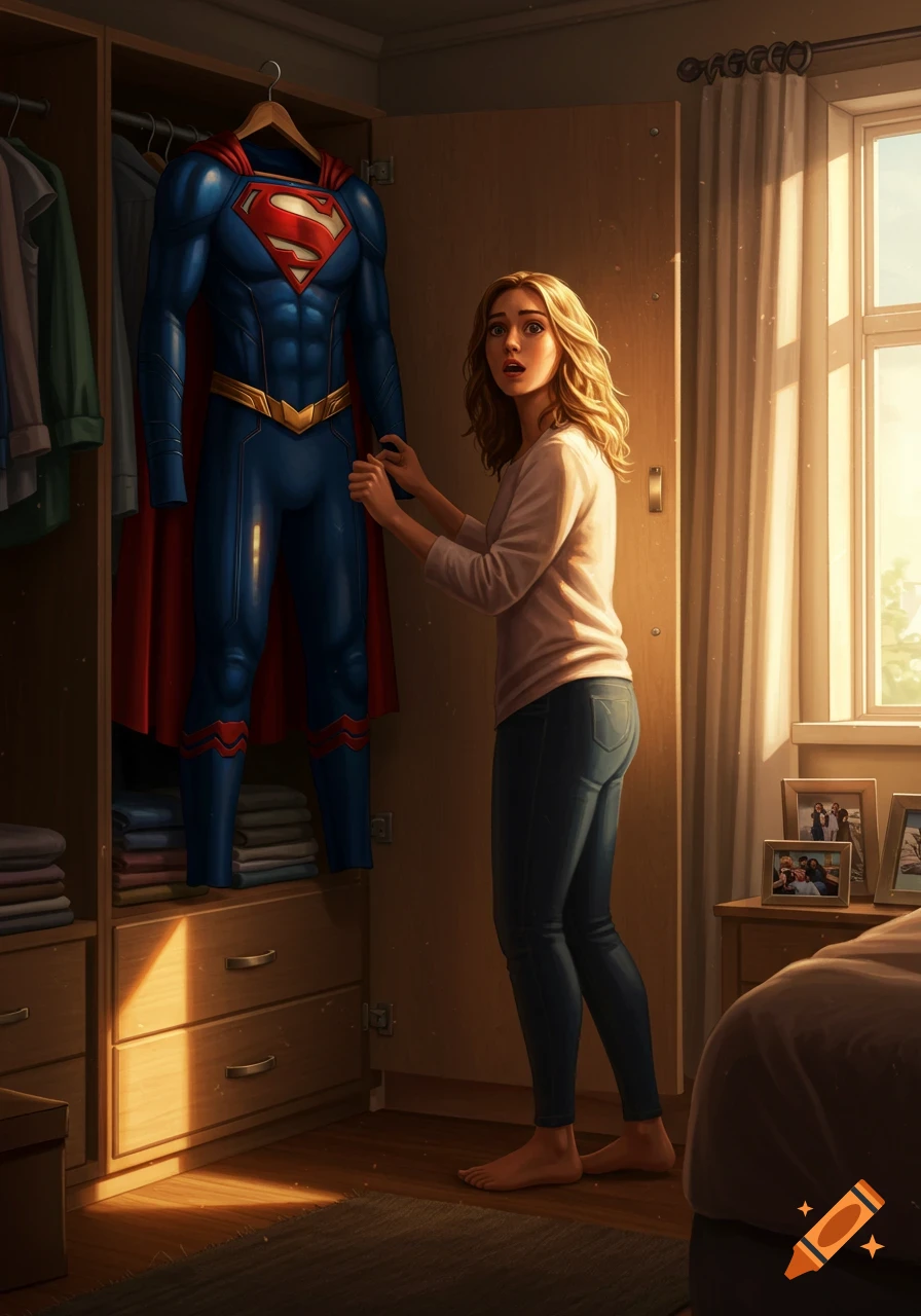 A surprised woman finds a Superman suit hanging in a closet, with warm light coming from a window.