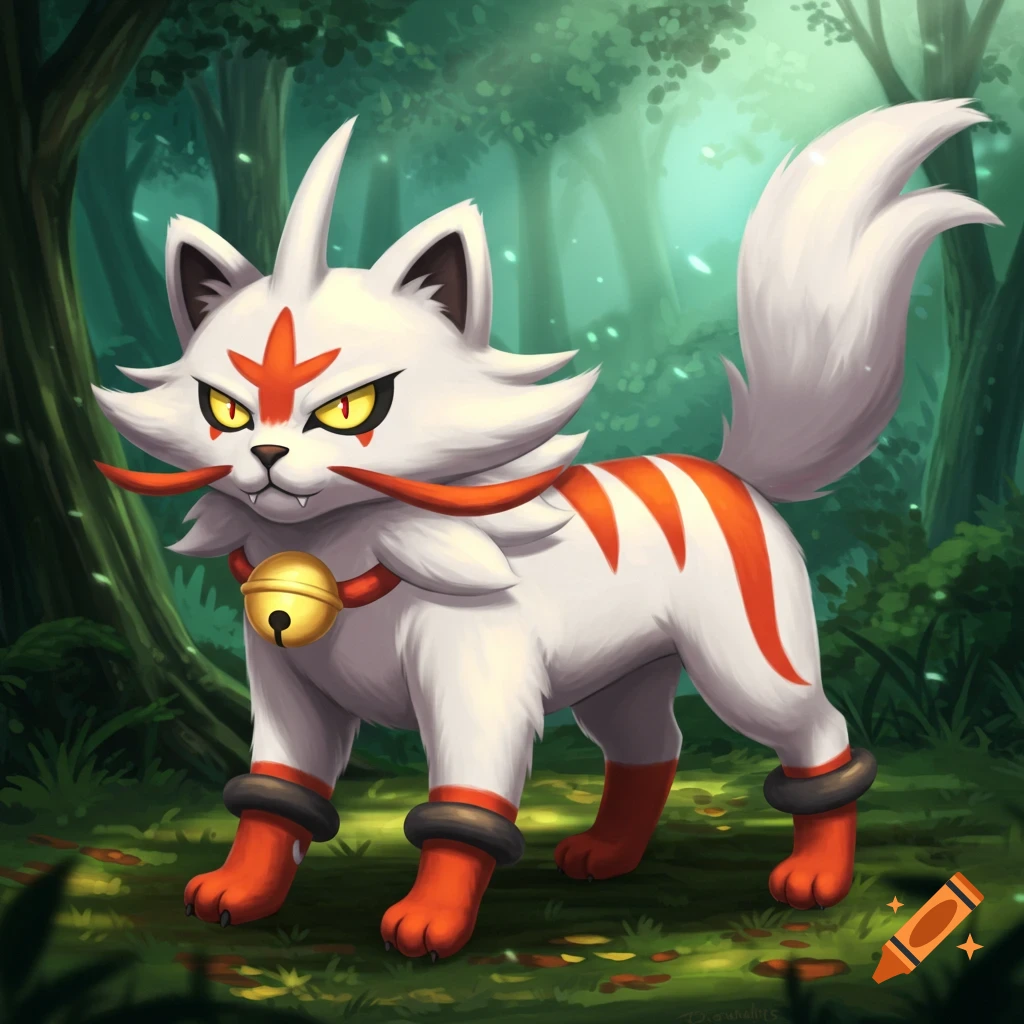 A white, cat-like Pokémon with orange stripes, yellow eyes, and a golden bell around its neck stands in a lush green forest.