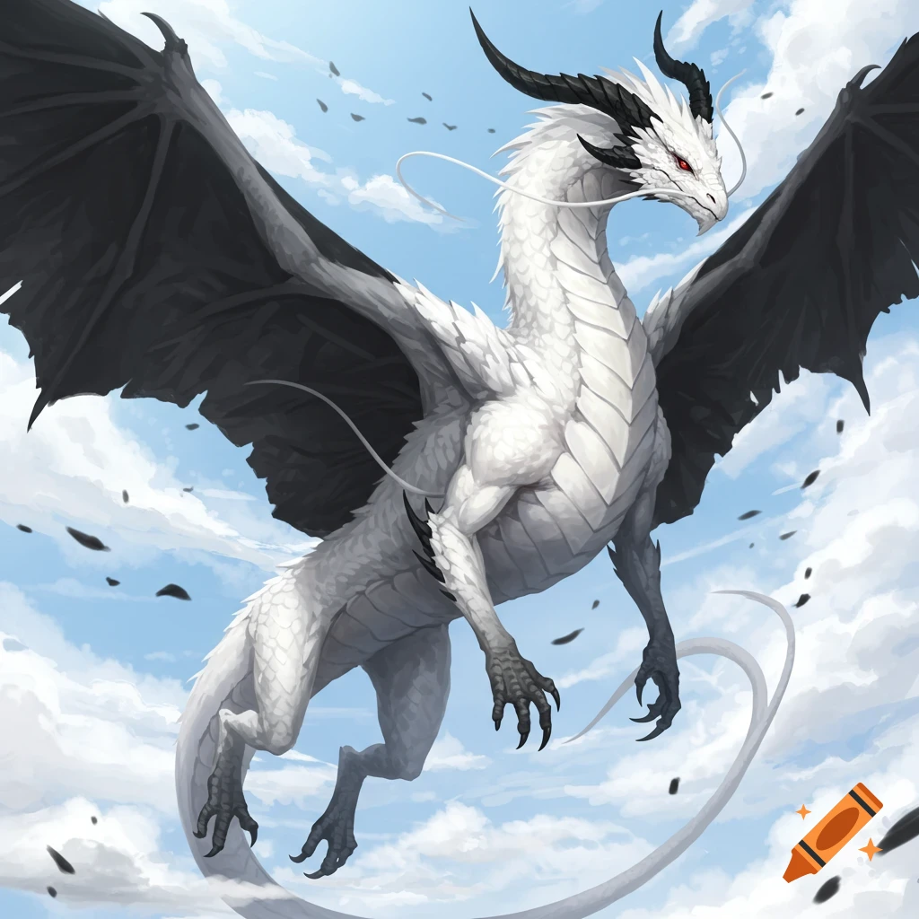 A majestic white dragon with black wings, horns, and red eyes soars through a bright blue, cloudy sky.