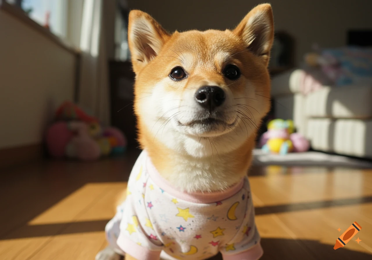 A cute Shiba Inu dog in white pajamas with stars and moons, looking forward in a sunny room.