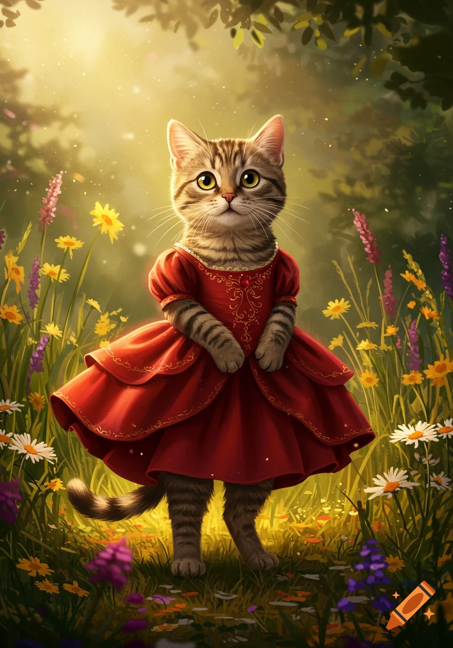 A cute tabby cat in a red ruffled dress stands on two legs in a sunlit field of colorful wildflowers.