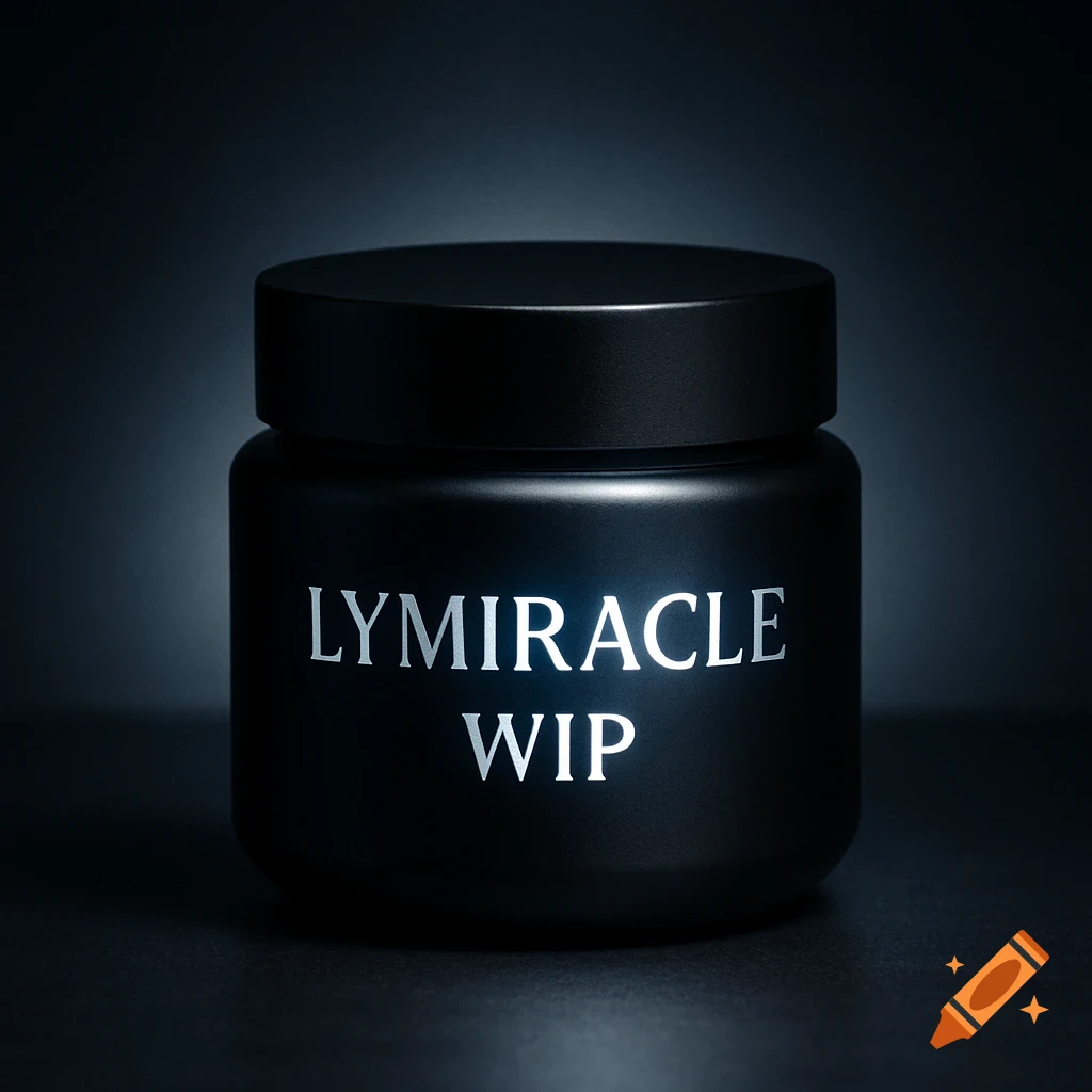A minimalist product shot of a matte black jar with a lid, featuring 'LYMIRACLE WIP' in silver text on its side, against a dark background.