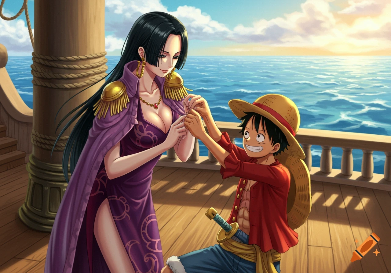 Anime characters Boa Hancock and Monkey D. Luffy on a ship. Luffy helps Hancock put on her earrings at sea during sunset.