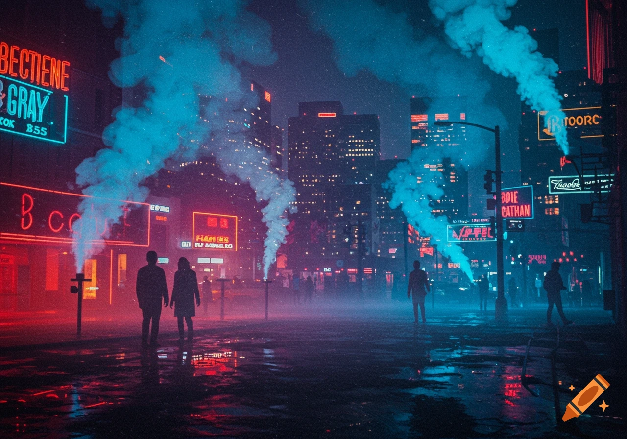 A dark, futuristic city street at night, illuminated by neon red and blue lights and smoke, with two silhouetted figures walking on a wet street.