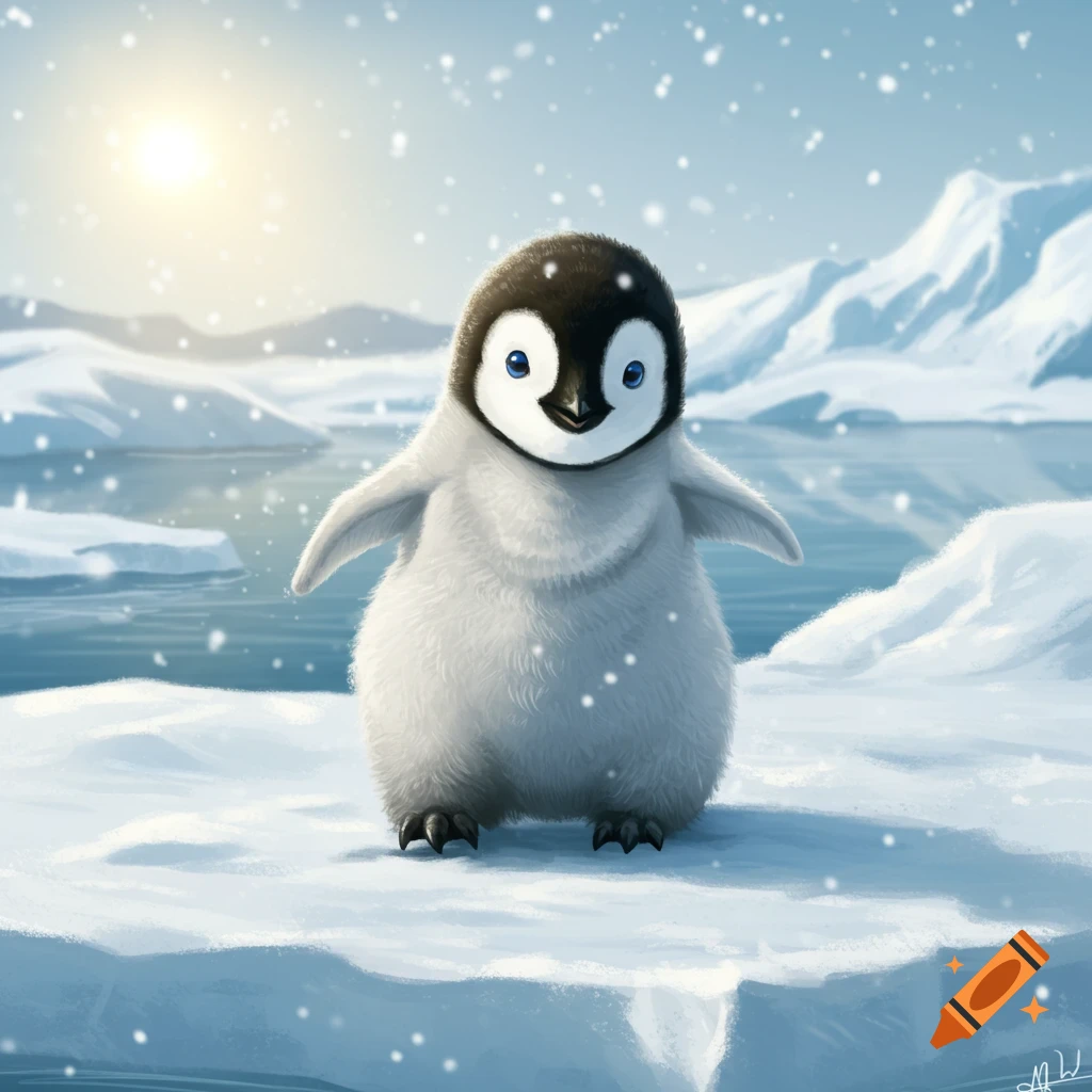A cute, fluffy baby penguin with blue eyes stands on an ice floe in a snowy arctic landscape with mountains.