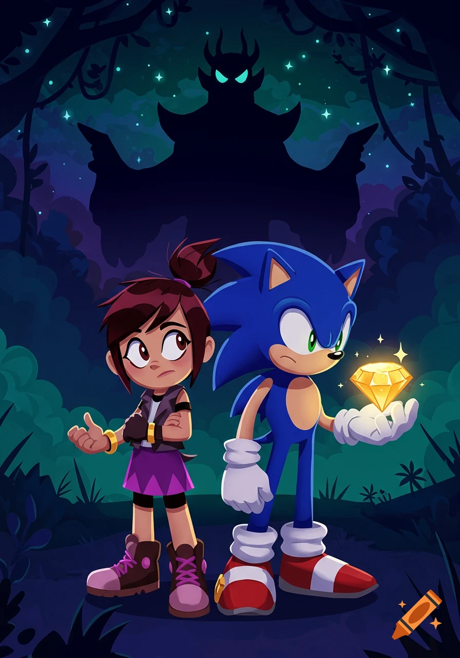 Cartoon of Sonic and Molly McGee in a dark, glowing forest, looking at a shadowy figure. Sonic holds a yellow chaos emerald.