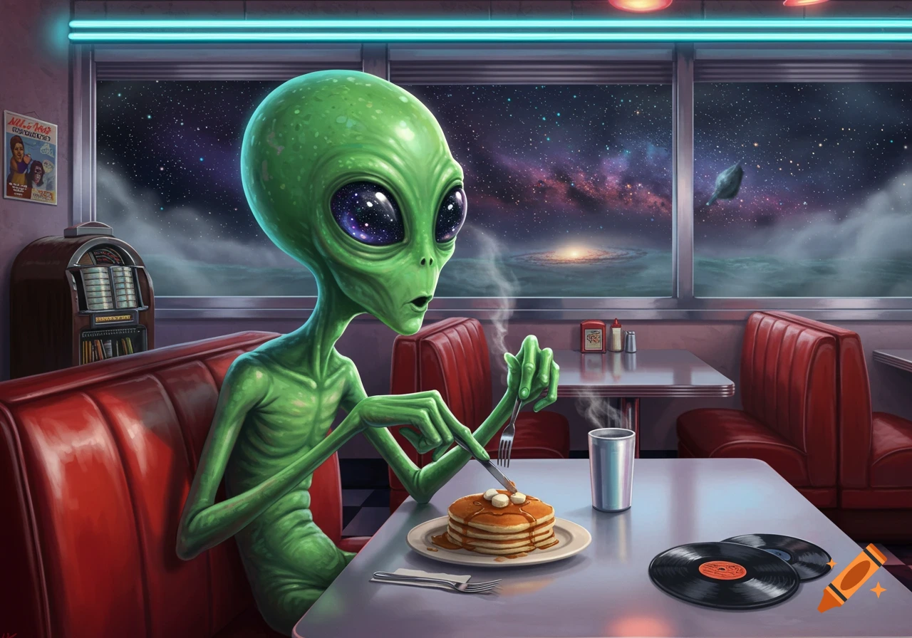 A green alien in a retro diner eats pancakes with a fork and knife, looking out at a galaxy through the window, with a jukebox nearby.