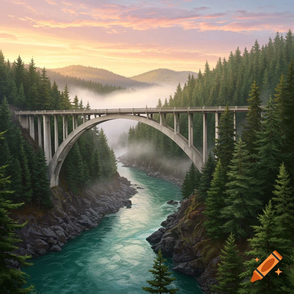 A concrete arch bridge spans a turquoise river in a deep, misty forest canyon with sunset skies, realistic.
