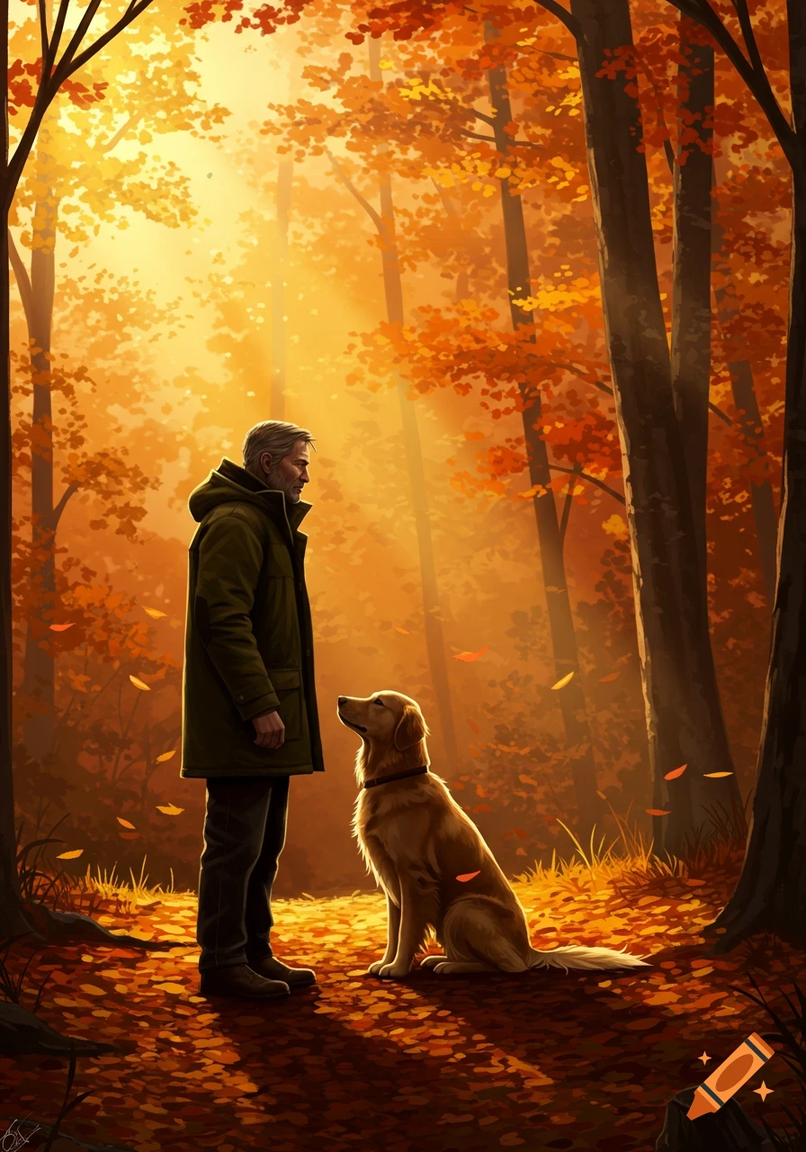 An illustrative image of a man and his golden retriever in a sunlit autumn forest with falling orange leaves.