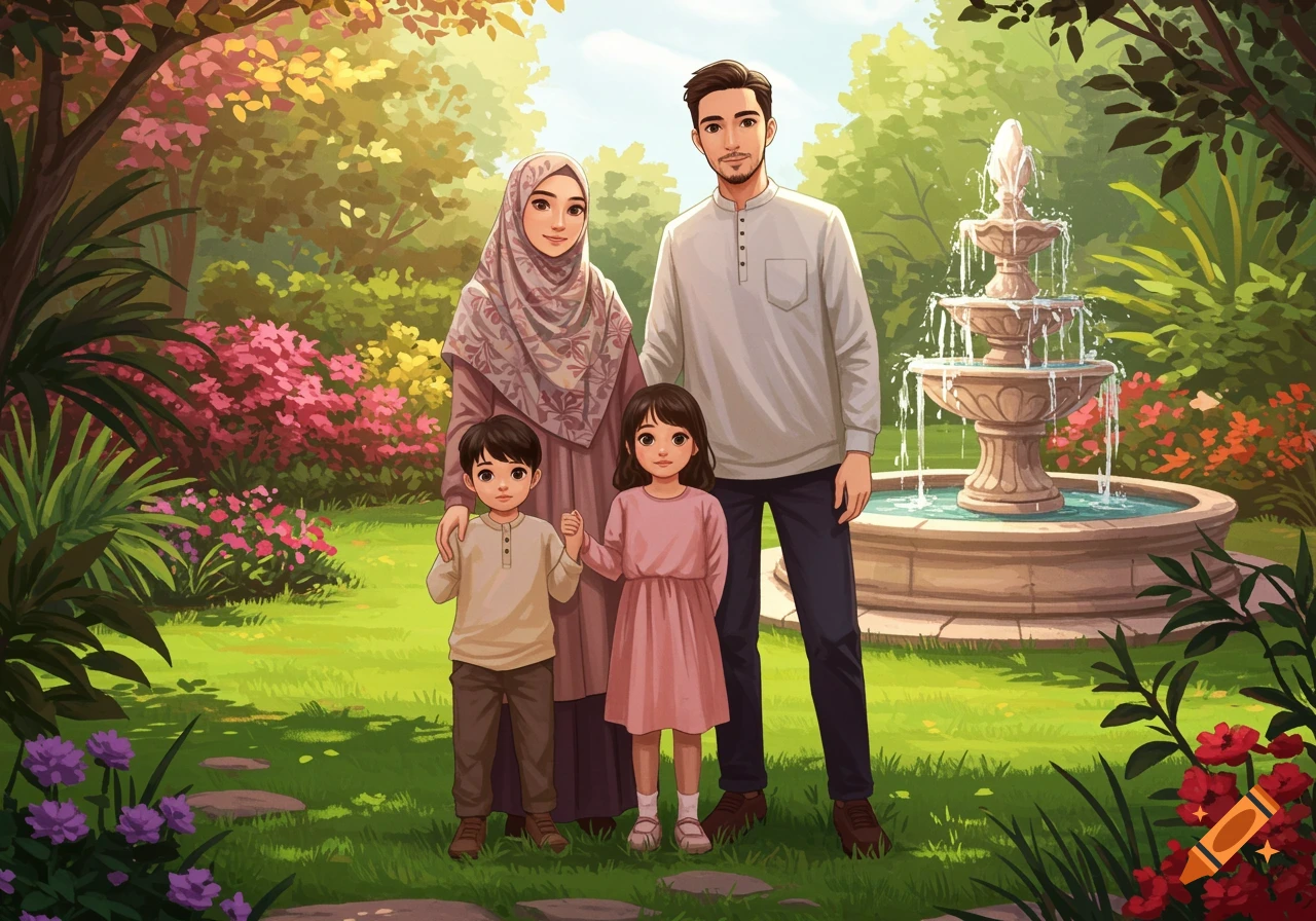 Illustrated Muslim family of four in a colorful garden with a fountain.