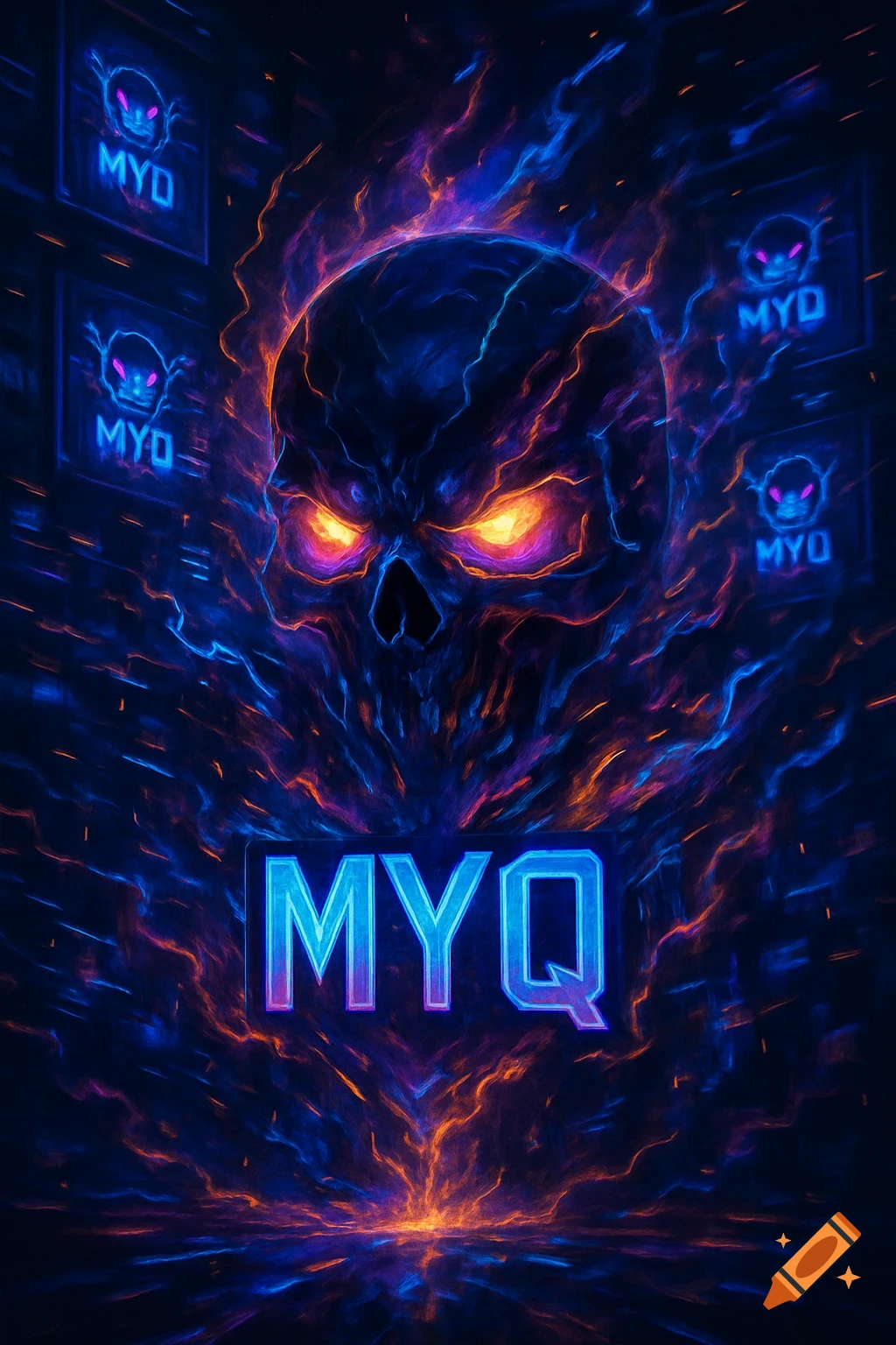 A stylized glowing blue and orange flaming skull with bright eyes, surrounded by energetic tendrils and the neon text "MYQ" at the bottom, and "MYD" on surrounding panels.
