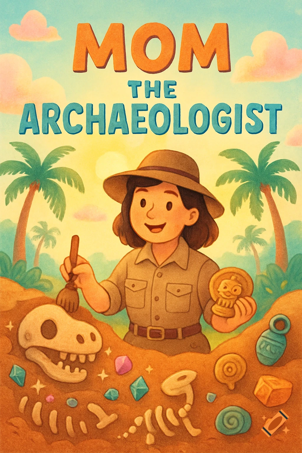 Cartoon illustration of 'MOM THE ARCHAEOLOGIST' book cover. A smiling woman in a safari hat digs for dinosaur bones, jewels, and ancient artifacts under palm trees.