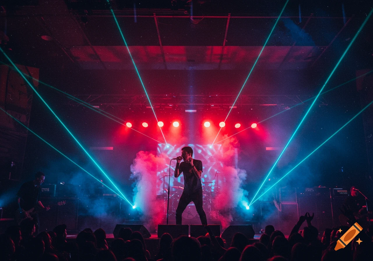 A lead singer performs on stage, illuminated by vibrant red and blue concert lights and lasers, with a band and silhouetted crowd.