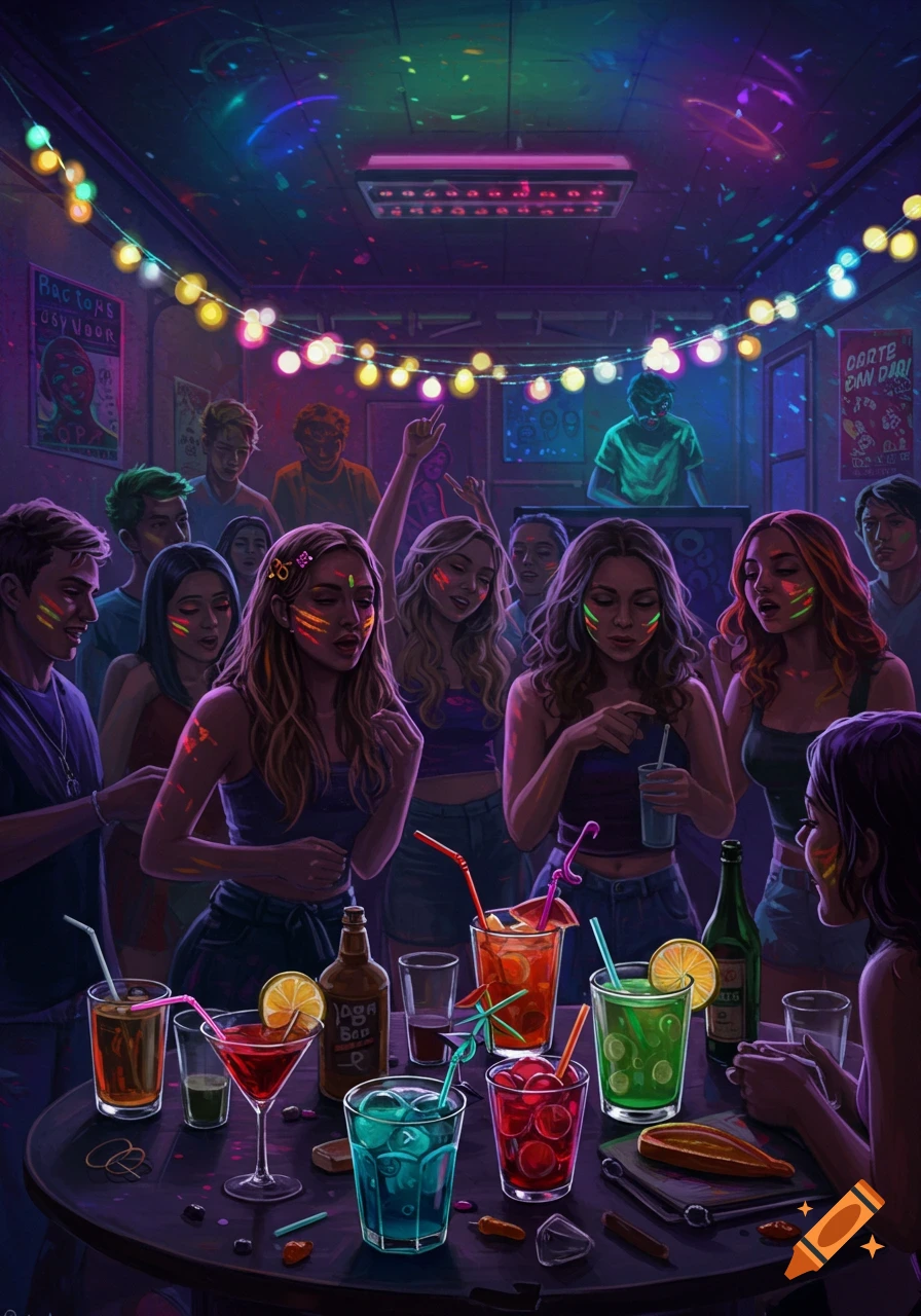 Vibrant illustration of a lively dorm party with neon lights, a crowd of young adults, and a table full of colorful drinks with straws.