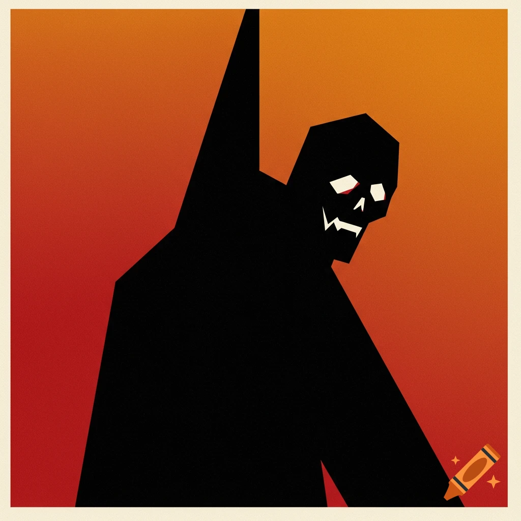 Minimalist graphic of a dark ghoul with a skull face, on an orange and red background, in Saul Bass style.