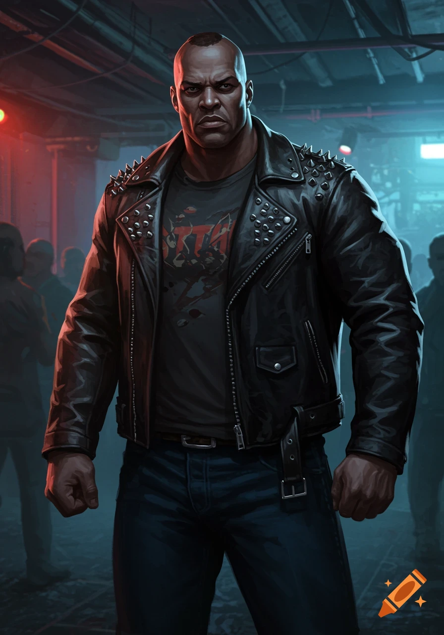 A formidable, muscular man with a shaved head and a stern expression, wearing a studded black leather jacket and a dark band t-shirt, stands in a dimly lit, grungy club with blurred figures in the background.