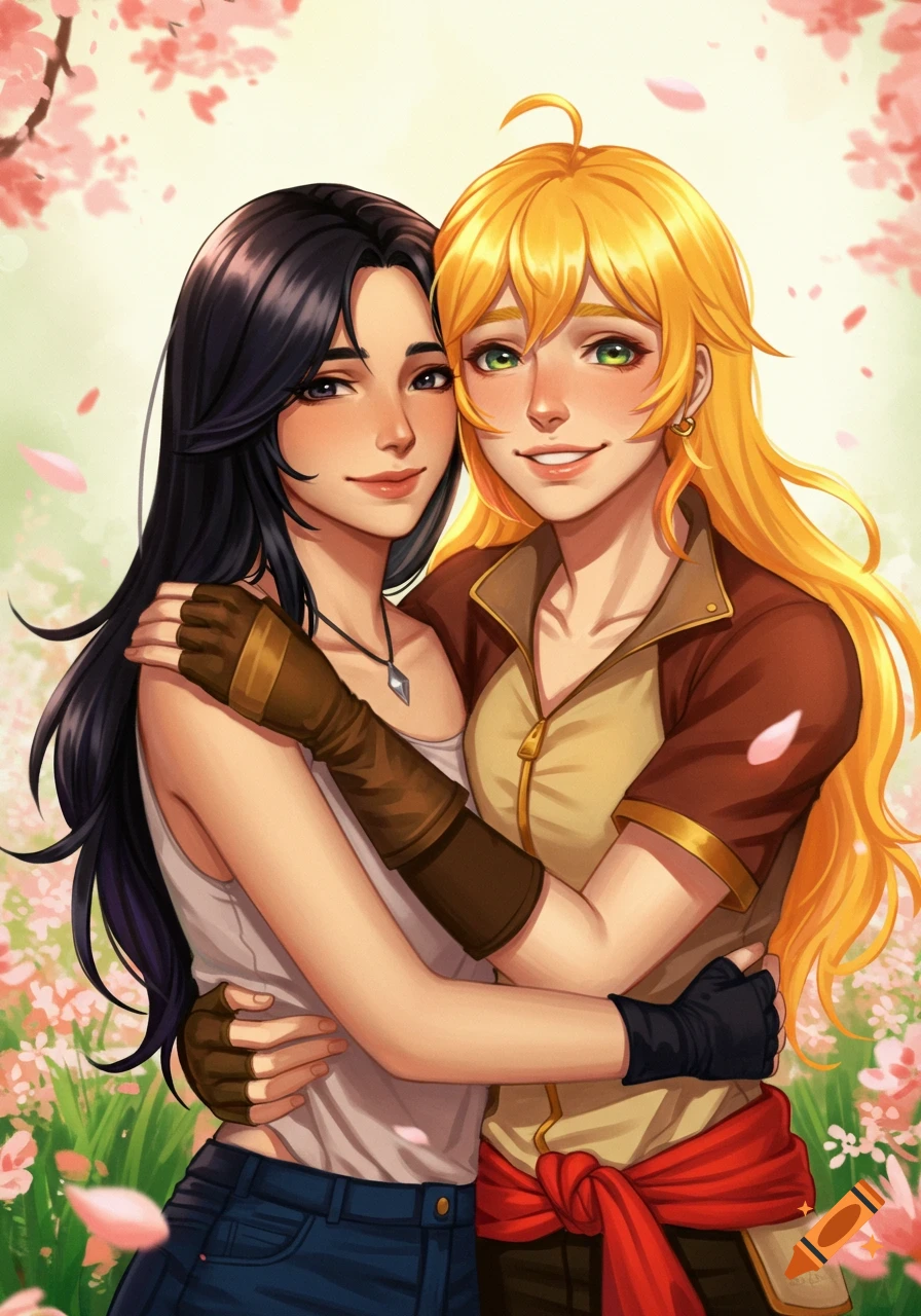 Anime illustration of two smiling women, Blake and Yang, with dark and blonde hair, hugging in a cherry blossom garden.