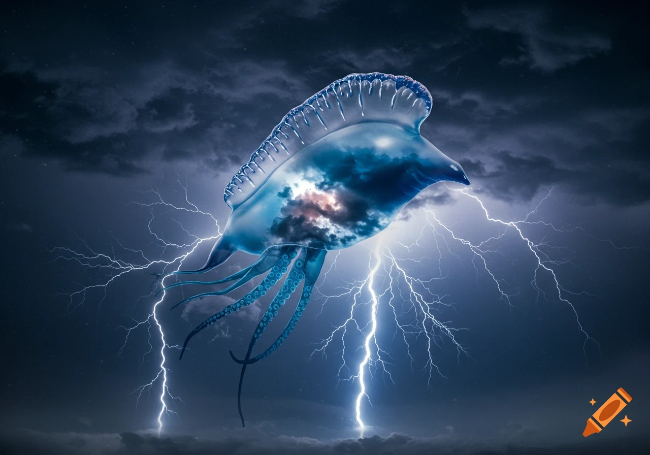 A giant, translucent blue Portuguese man o' war with a storm cloud inside and lightning bolt tentacles floats in a dark, stormy sky.