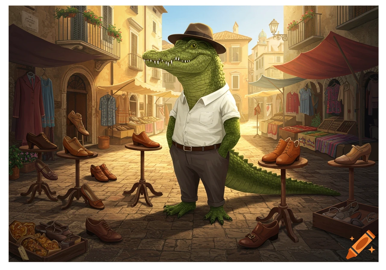 A dapper crocodile in a fedora, white shirt, and trousers stands in an Italian market street, surrounded by shoes on display.