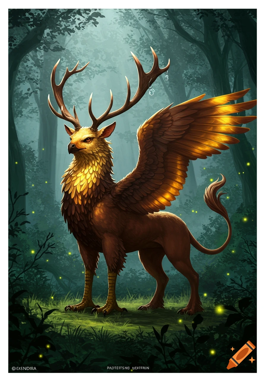 A majestic stag-griffin with golden feathers and large antlers stands in a mystical, glowing forest.