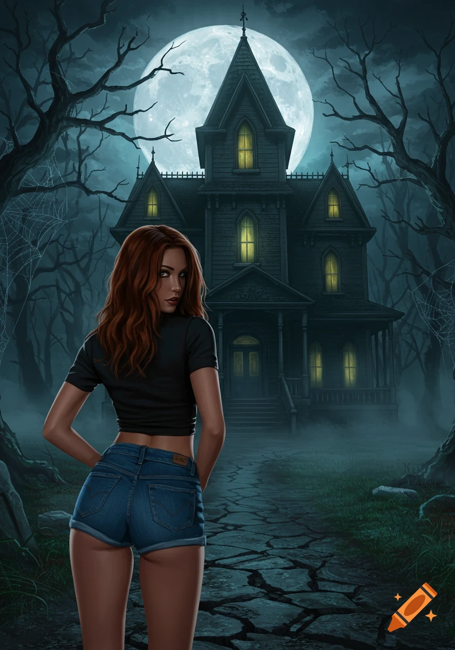 A woman in a black shirt and denim shorts stands with her back to an ominous haunted house under a full moon at night.