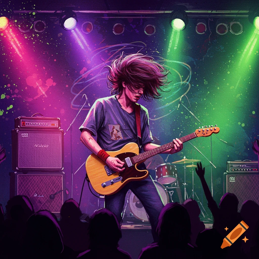 A grunge-style musician with flowing hair plays an electric guitar on a brightly lit stage in front of a silhouetted crowd.