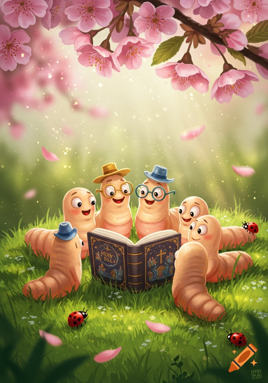 Cute cartoon worms wearing hats and glasses gather on a grassy field under pink cherry blossoms, reading an open book. Ladybugs are nearby.