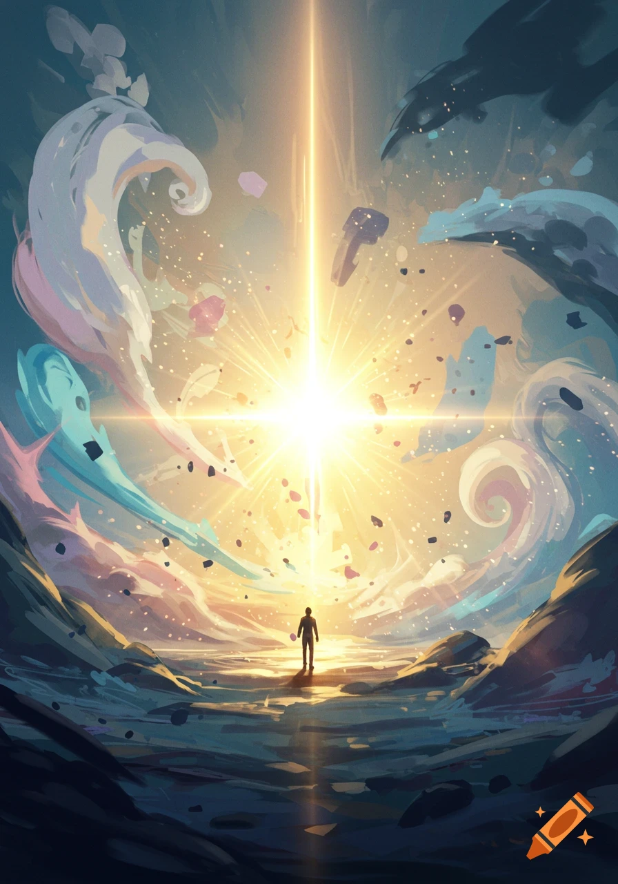 A silhouette of a person facing a brilliant light source amidst abstract, swirling colorful shapes in a digital painting.