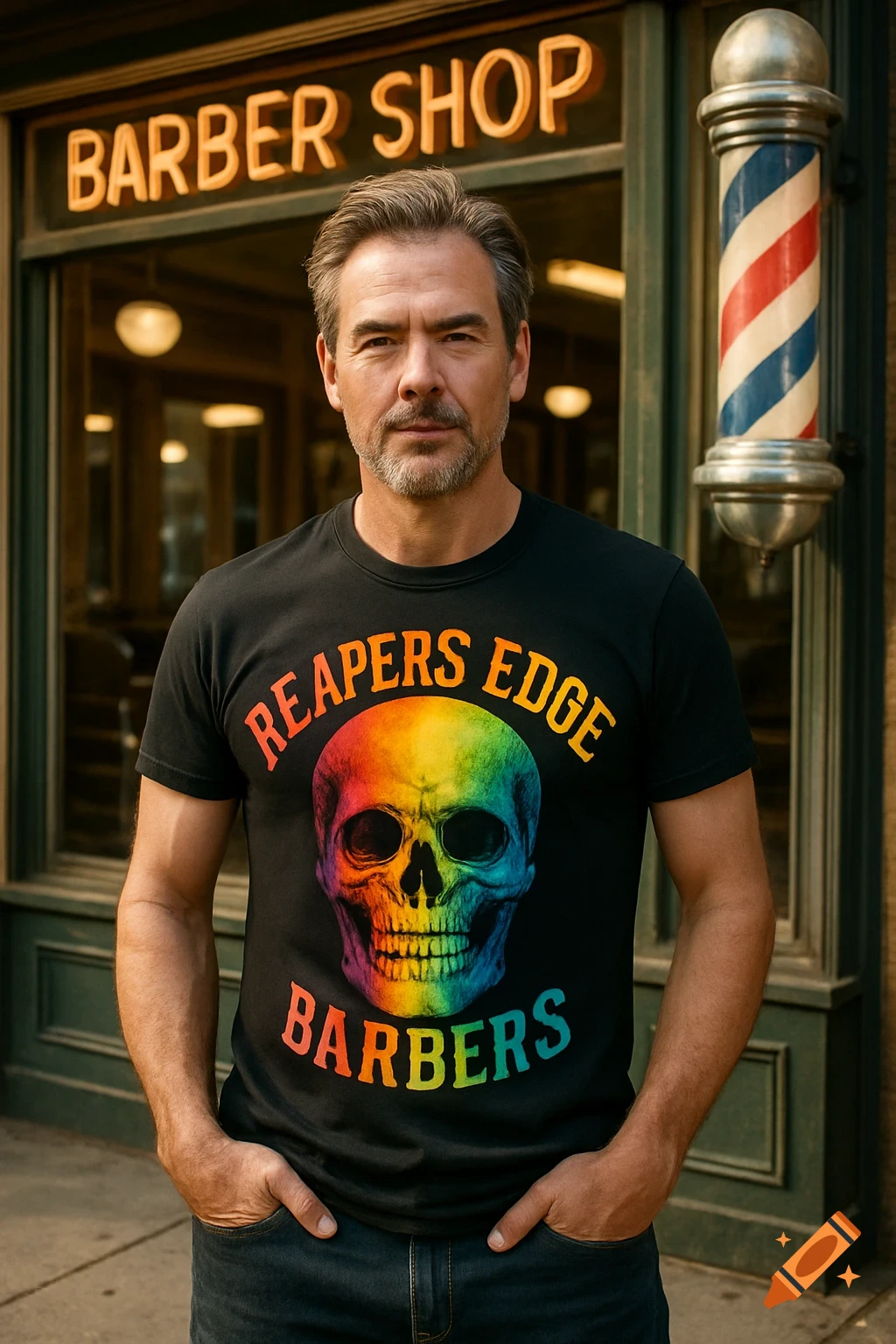 A photorealistic image of a man with a beard wearing a black t-shirt with a rainbow skull and text, standing in front of a barber shop.