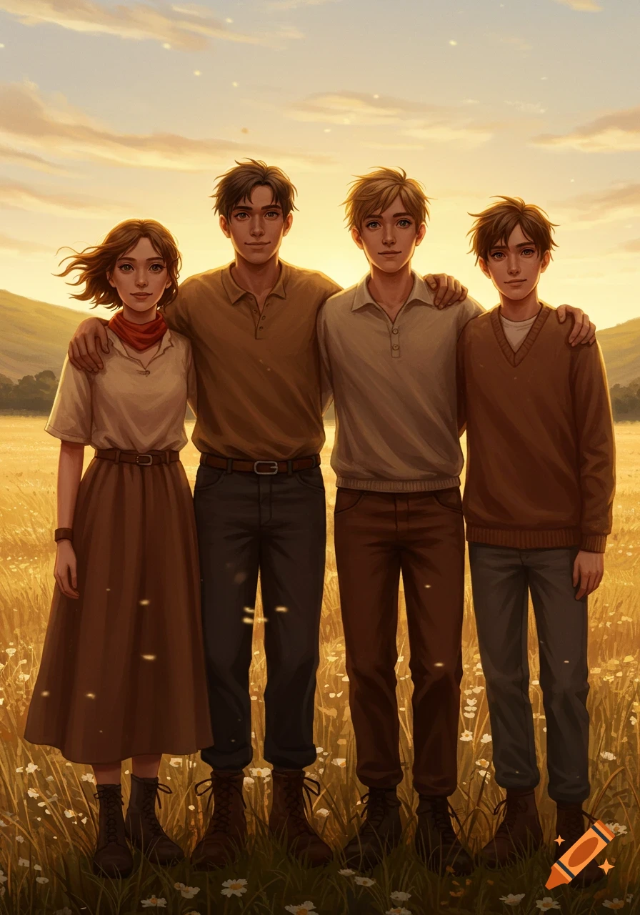 Four young anime-style people stand arm-in-arm in a golden field under a sunset sky.