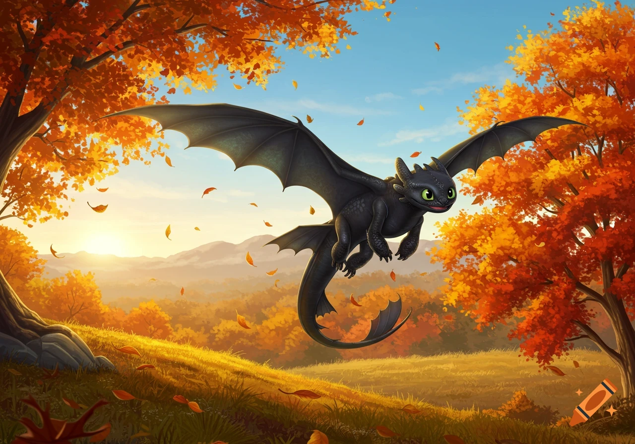 A cartoon black dragon with green eyes, Toothless, flies through a vibrant autumn forest at sunset, with orange leaves falling.