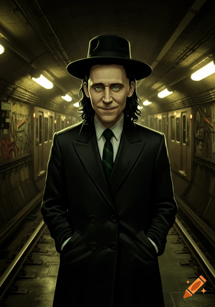 A stylized digital illustration of Loki in a black fedora, suit, and green tie, smirking in a dimly lit subway tunnel.
