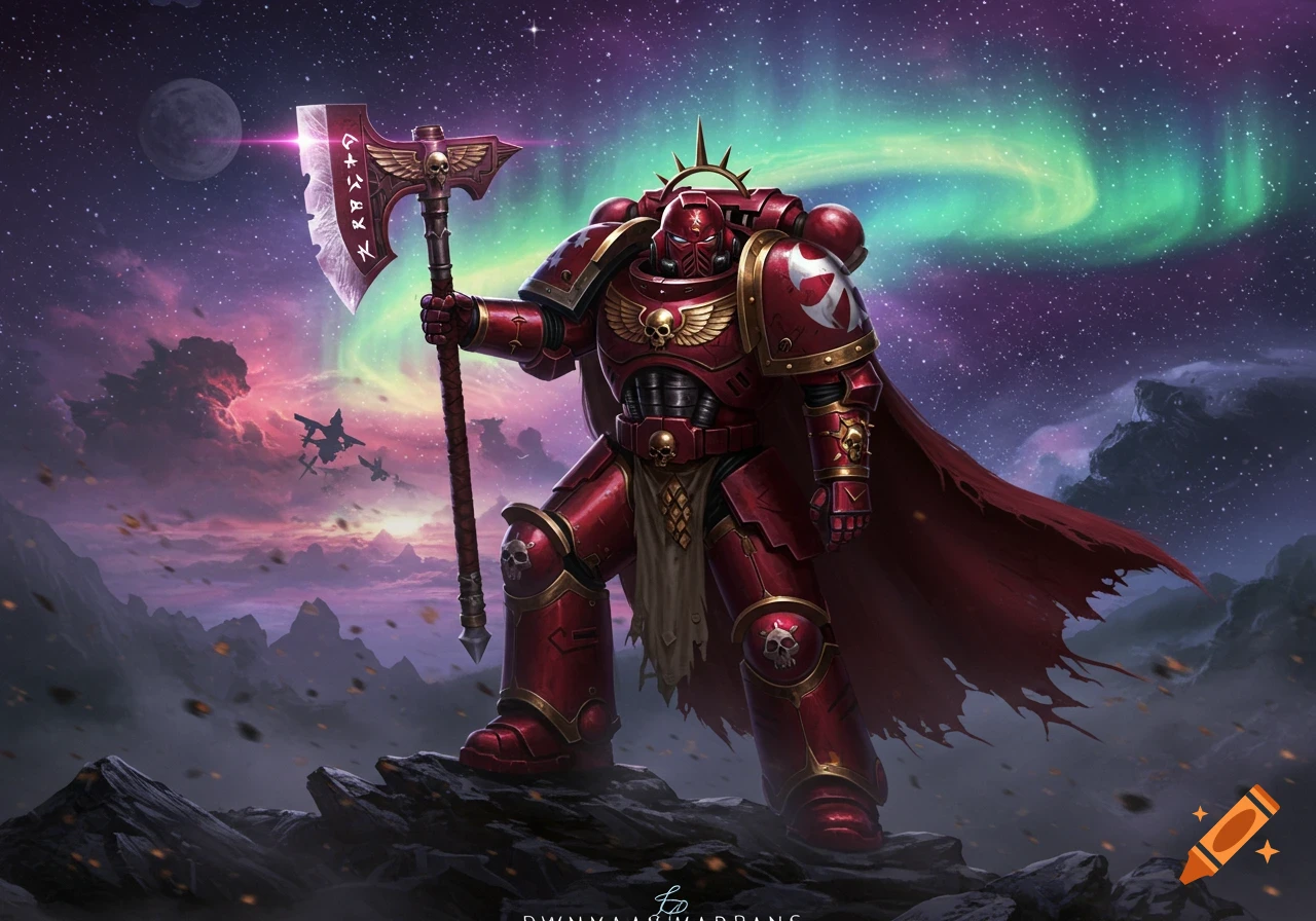 A red armored Space Marine with a glowing axe stands on a rocky peak under a starry, aurora-lit sky.